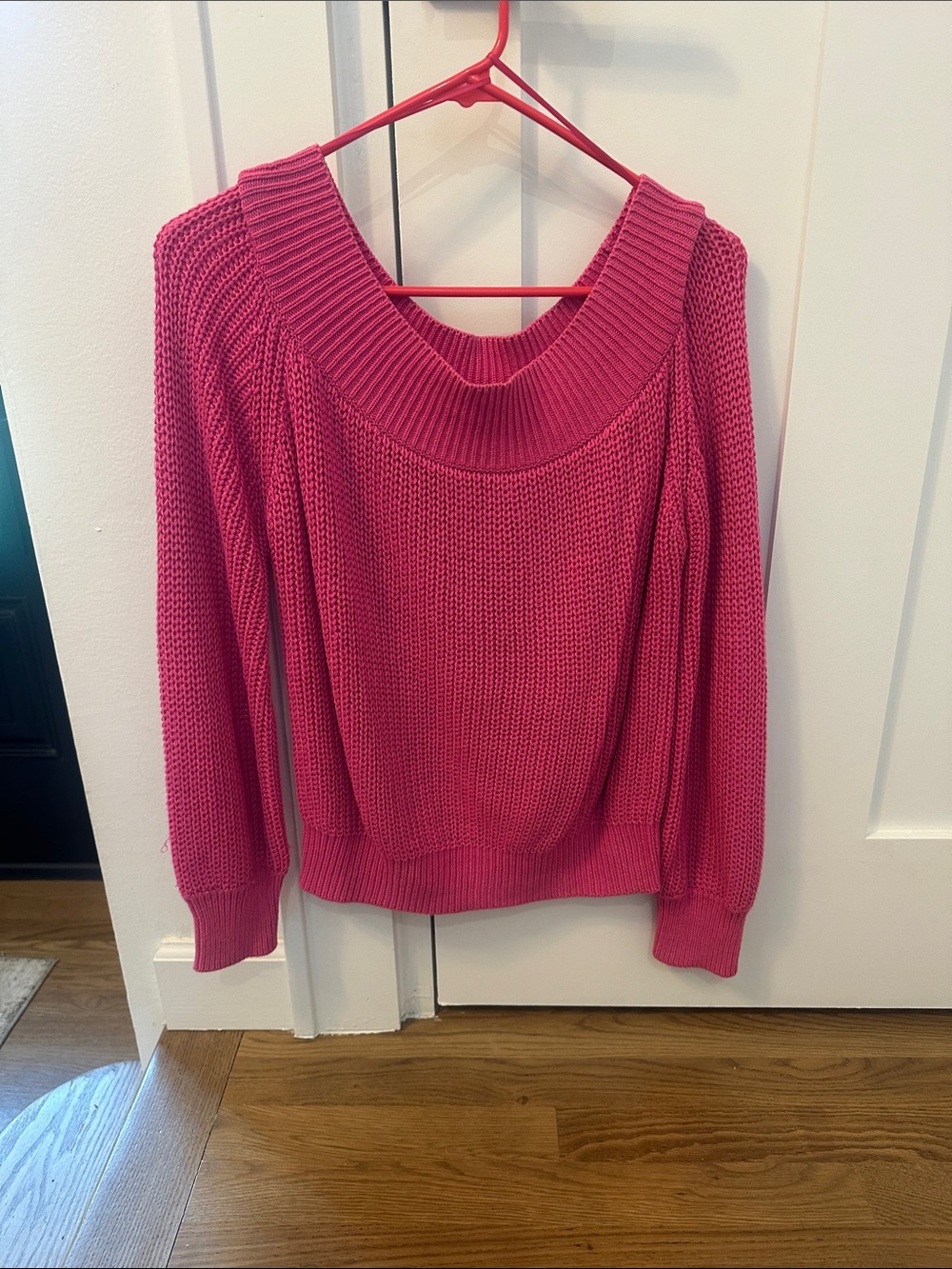 eesome Off-the-Shoulder Knit Sweater in Bright Pink